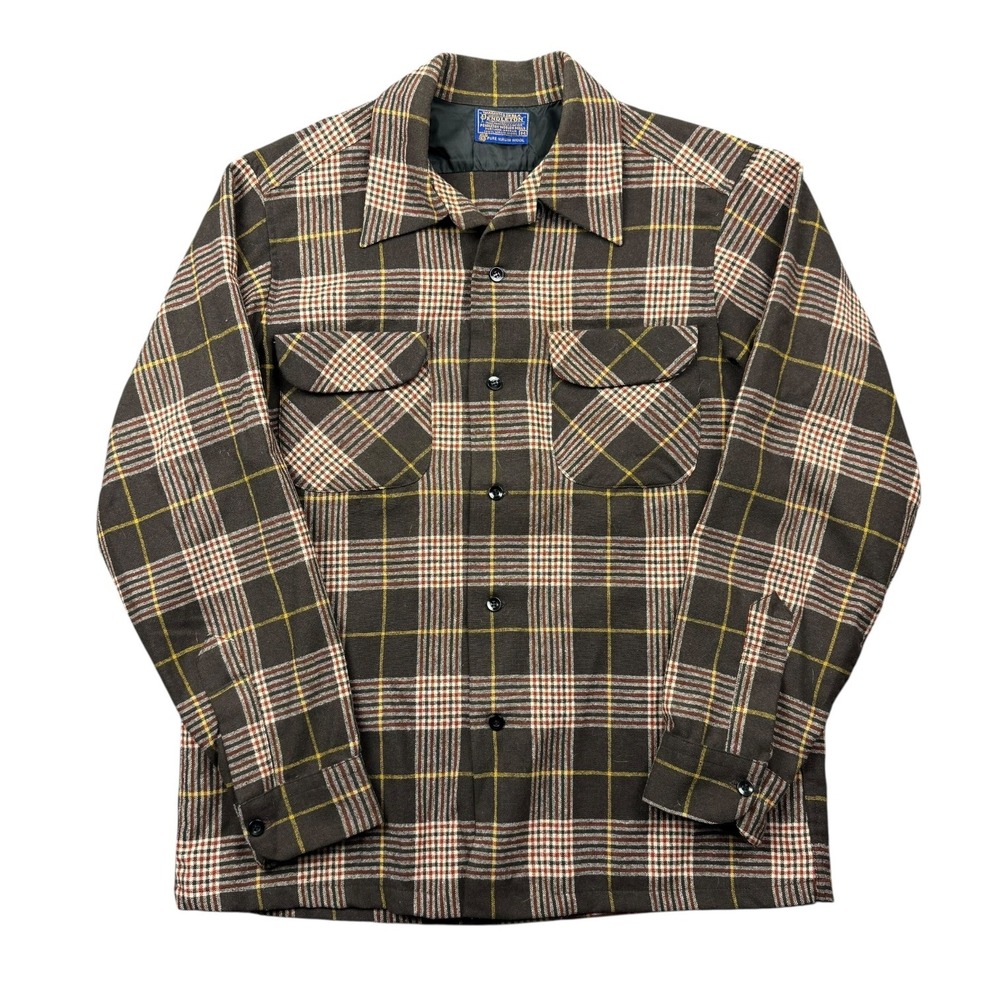 Vintage Pendleton Board Shirt Men Medium Brown Wool Plaid Loop Camp Collar